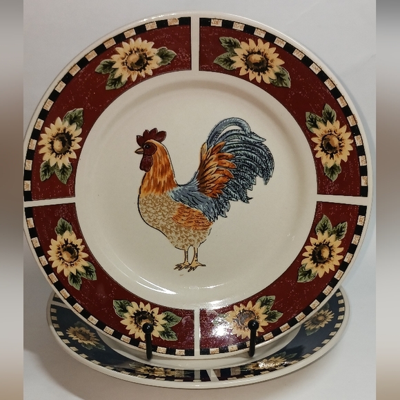 2 Gibson Brewster Rooster Dinner Plates Red Band & Sun Flowers 9.25" - Picture 3 of 4
